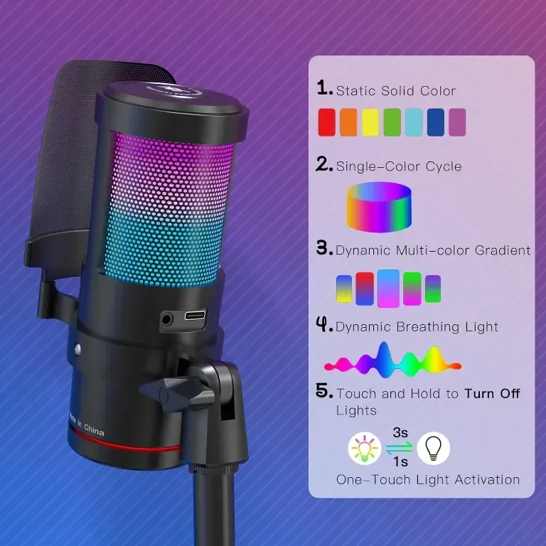 USB микрофон за игри ZealSound, кондензаторен микрофон с шумопотискане, с RGB светлина — снимка 3