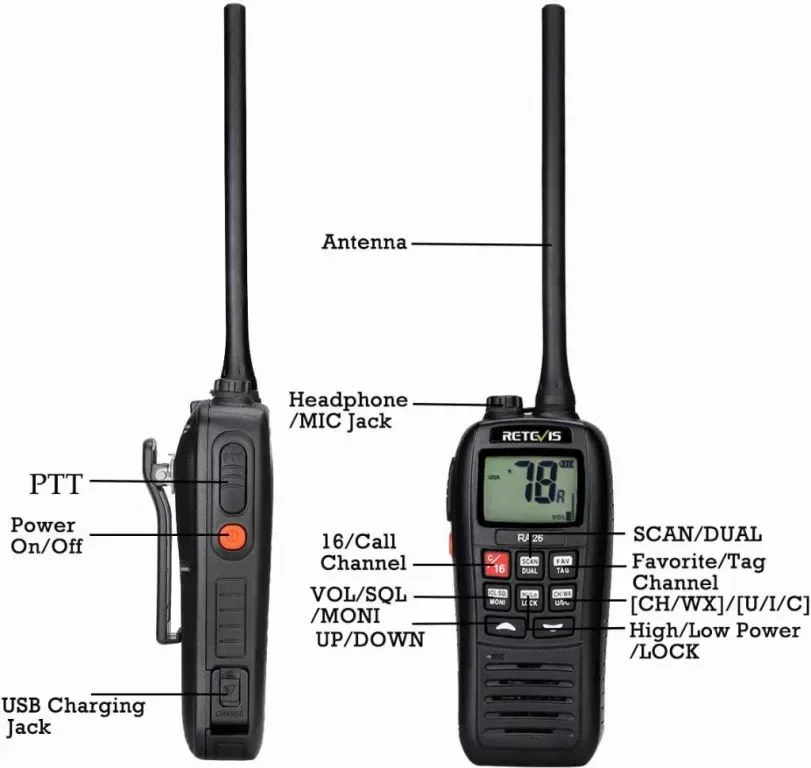 Retevis RA26 Ръчно VHF морско радио, IP67 водоустойчива уоки токи, 88 канала, USB зареждане — снимка 6