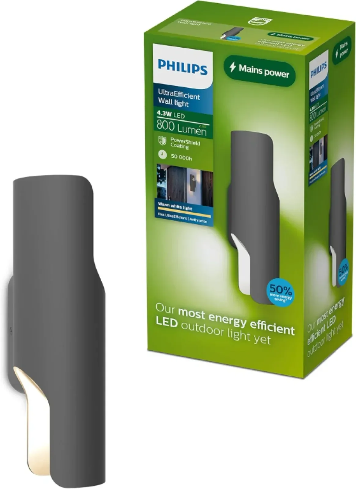 Външна LED стенна лампа Philips Fira, 800 lm, 2700 K, PowerShield,IP44