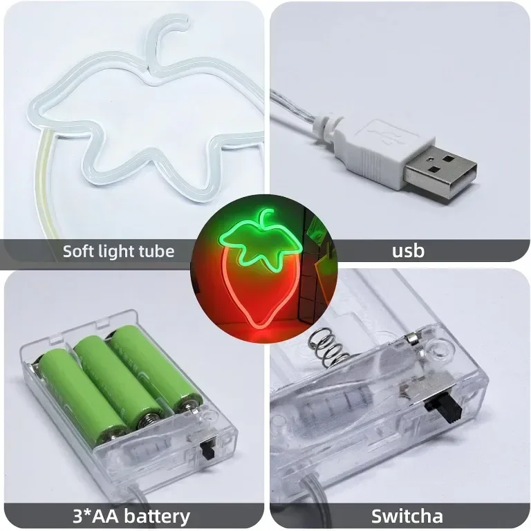 WIOSOUL LED Неонова табела с форма на ягода, 18,5x25 см, батерии или USB — снимка 5