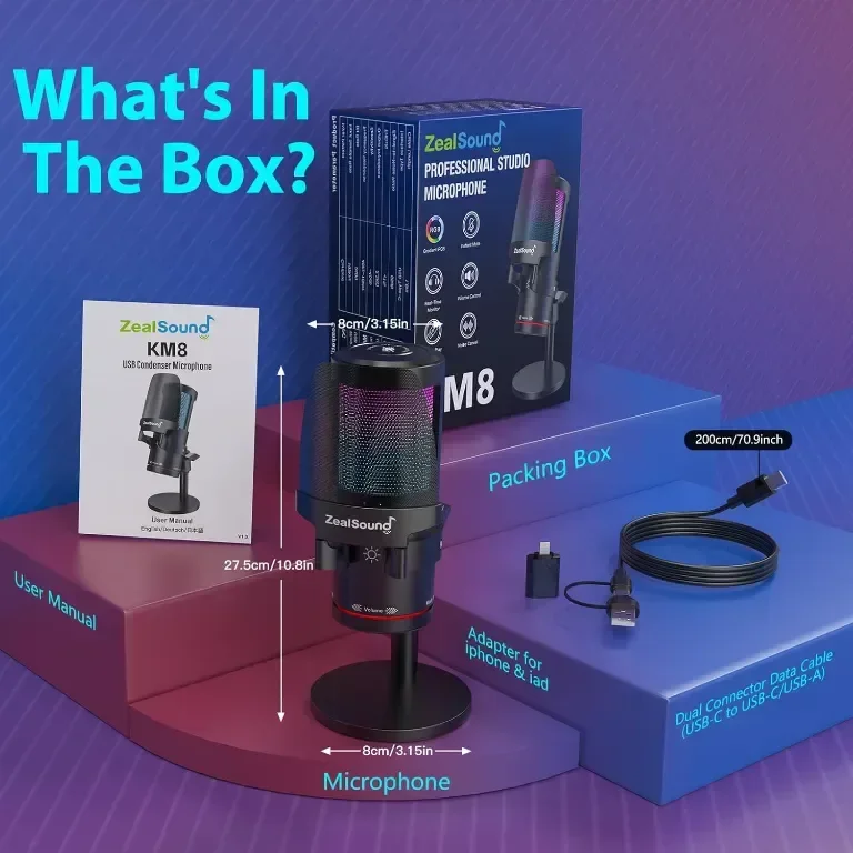 USB микрофон за игри ZealSound, кондензаторен микрофон с шумопотискане, с RGB светлина — снимка 6