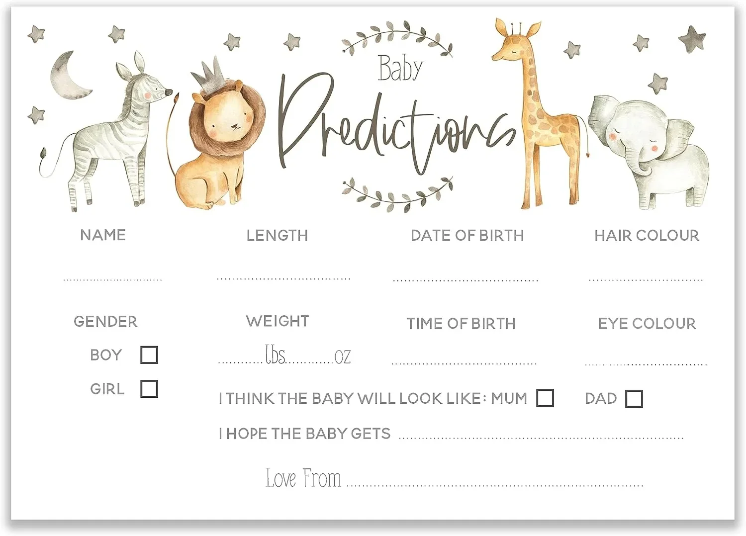 Дизайнерски картички Baby Predictions за попълване (име, рожд. дата, тегло) 50 бр Baby Shower