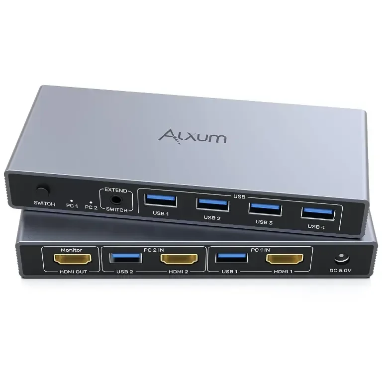 Alxum HDMI KVM превключвател 2 компютъра - 1 монитор USB 3.0 4К 60Hz, контролер и два USB3.0 кабела