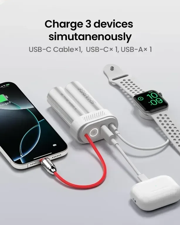 SHARGE Power Bank 10000mAh 30W Преносимо зарядно устройство с вграден кабел тип C, USB-C и USB-A — снимка 2