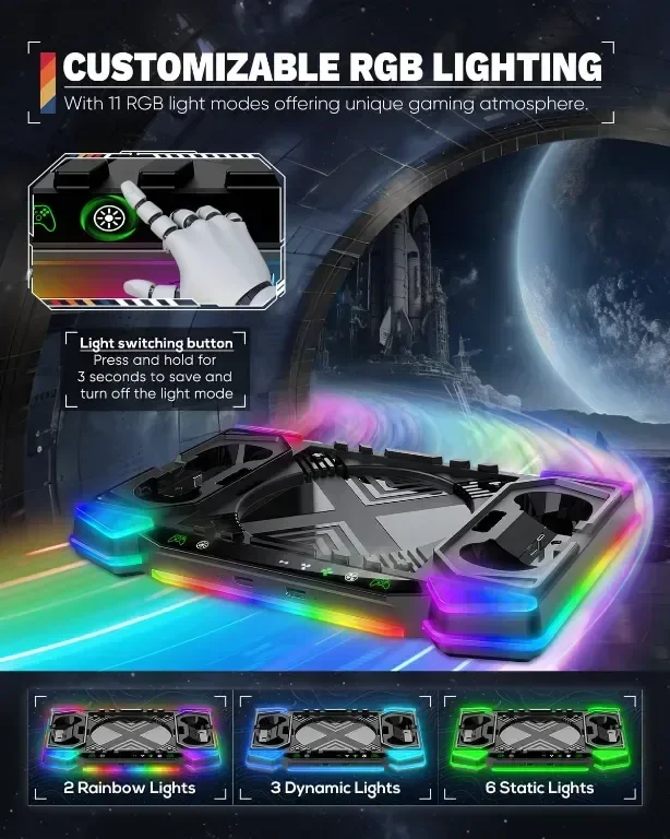 Стойка за зареждане и охлаждащи вентилатори за Xbox Series X, 11 RGB светлинни режима — снимка 3