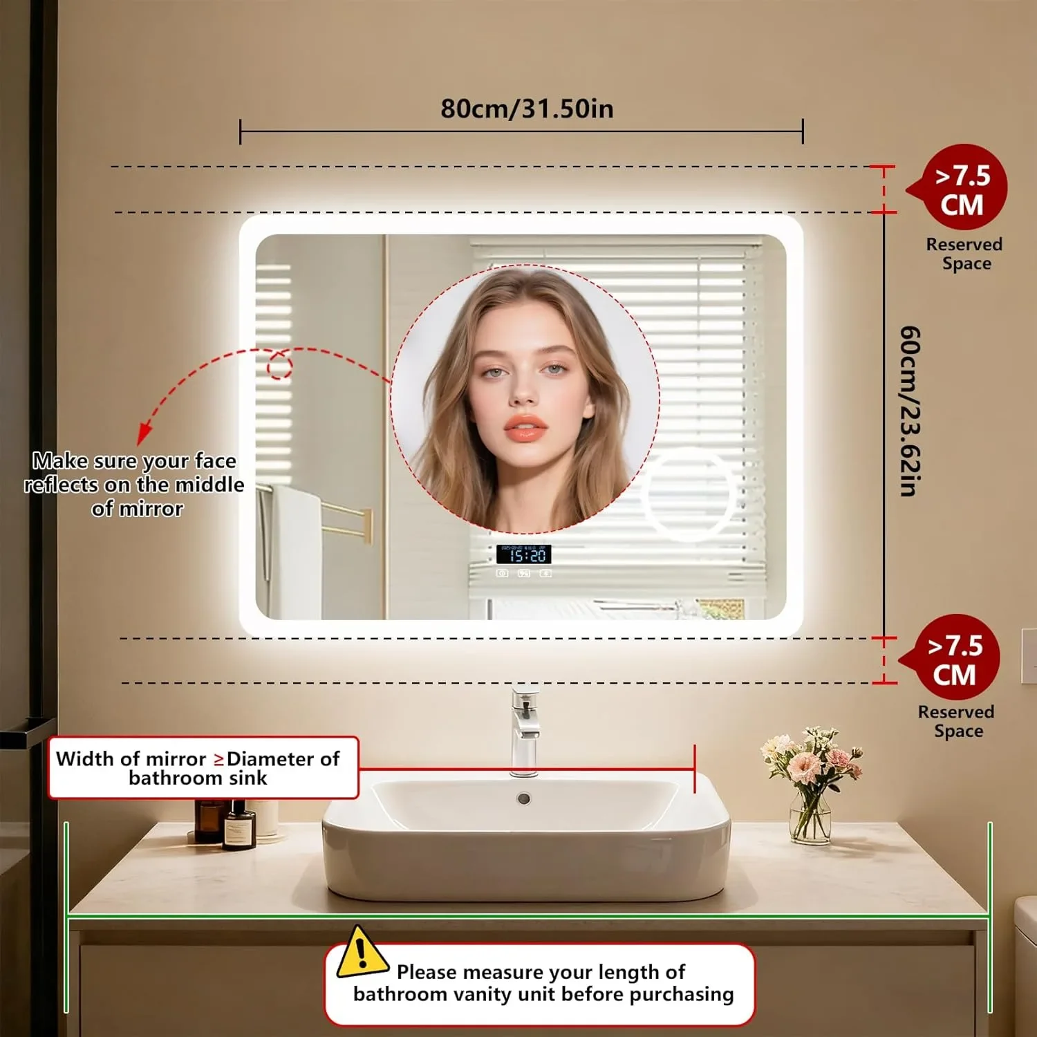 LUVODI смарт огледало за баня с LED осветление, Bluetooth и анти-мъгла 800x600 мм — снимка 6