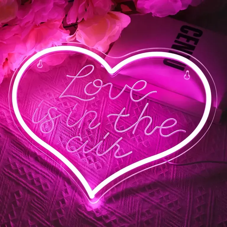 Неонова LED табела с розова светлина, 3D гравирана Love is in Air, 30х35 см — снимка 4