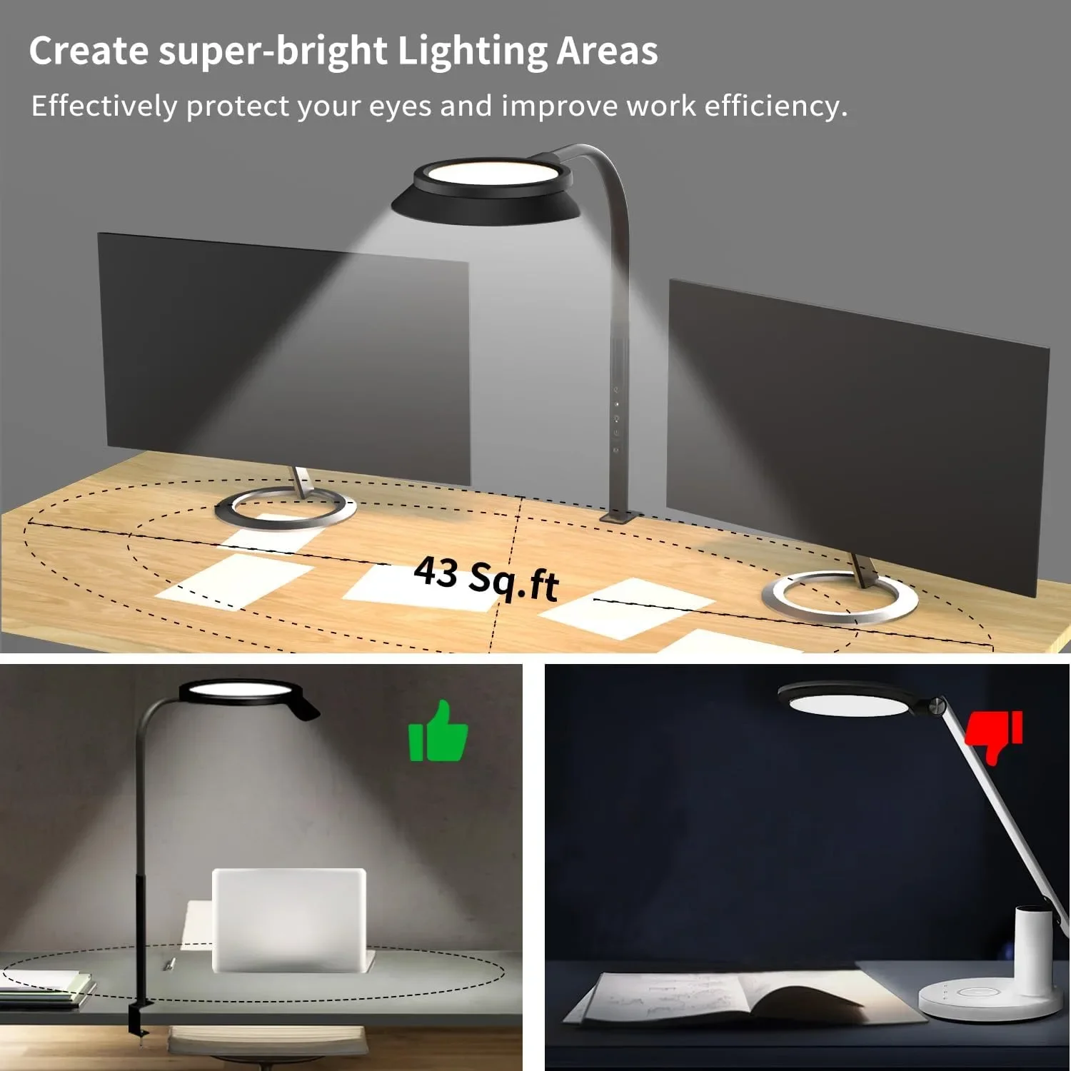 75 см LED настолна лампа със скоба, диаметър на главата 21 см, регулируема гъвкава шия и 360° основа — снимка 7