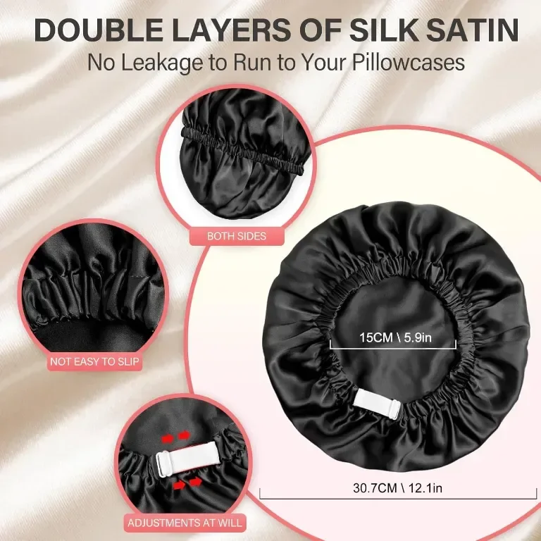 Necole 22 Momme 100% Mulberry Double Silk копринено боне за сън, черно, 25 x 20 x 1,6 см — снимка 4