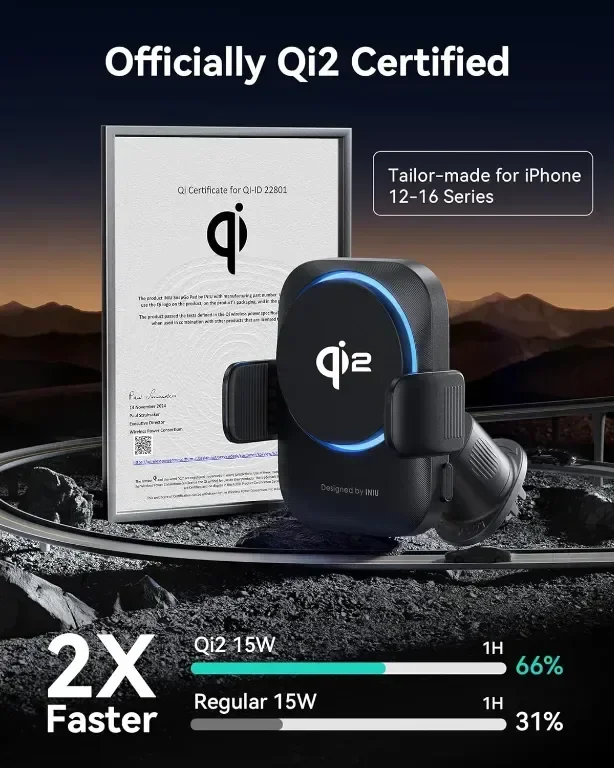 INIU Mag-safe зарядно за кола, Qi2 сертифицирано ултрастабилно безжично зарядно, 15W, лилаво — снимка 2