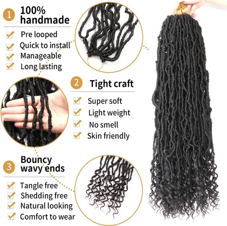 Екстеншъни за коса Faux Locs, сплетени, 60 см (пакет от 8), #1B — снимка 3