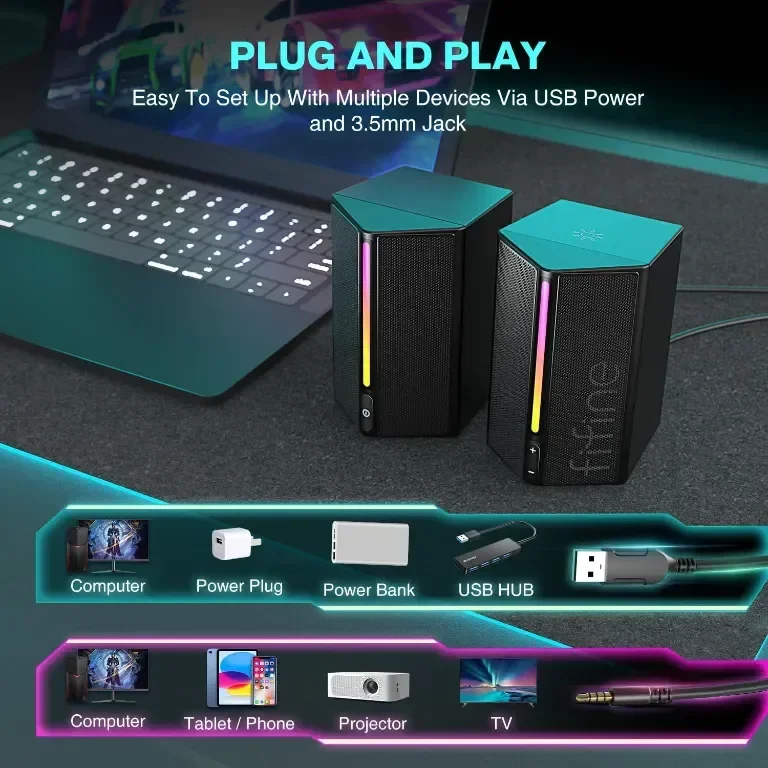 FIFINE RGB високоговорители за игри, кабелни, USB, с 3,5 mm Aux аудио кабел, Ampligame A20 — снимка 4