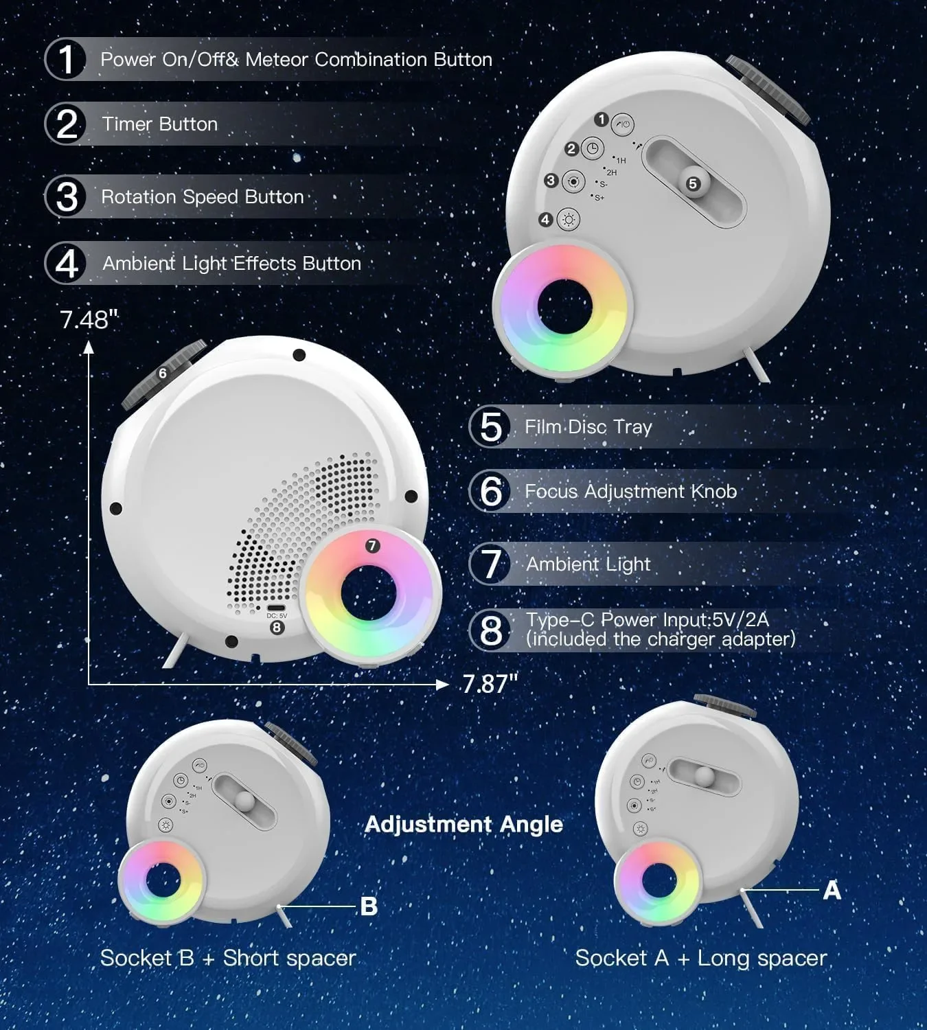 Galaxy Projector нощна лампа Aurora с метеор ефект, Bluetooth музика и 15 бели шума, 12 диска — снимка 7
