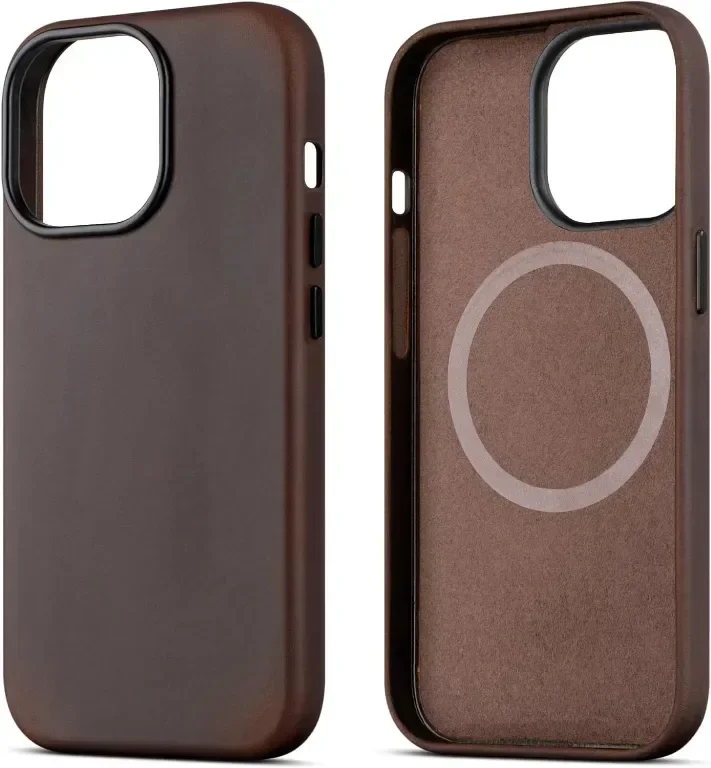 Кожен калъф maogoam за iPhone 16 Plus 6,7 инча, съвместим с MagSafe, метални бутони, тъмнокафяв
