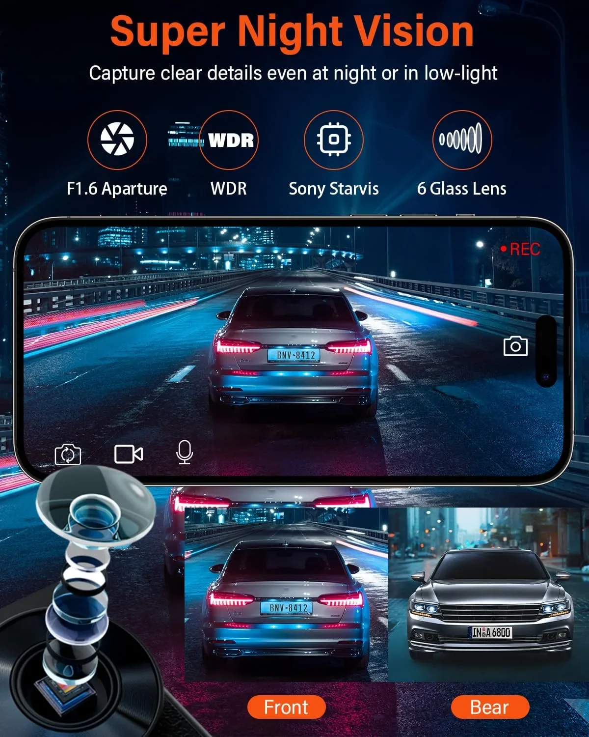 AMGEKE M8 4K Dual Dash Cam видеорегистратор за автомобил отпред и отзад с Wi‑Fi, GPS и 64GB microSD — снимка 3