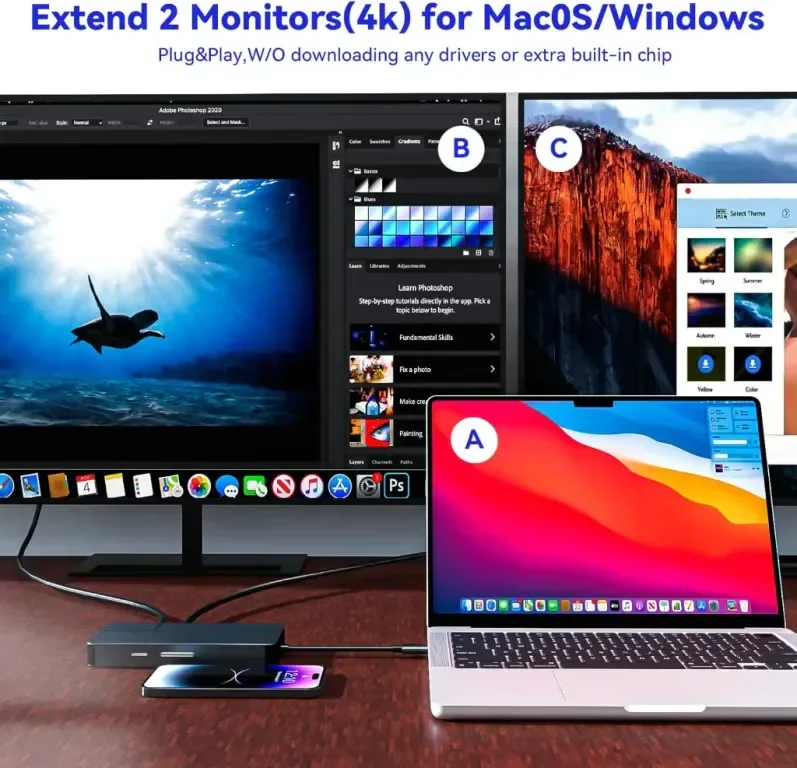 AUIMCE Докинг станция 2х HDMI и USB C порт, до 4K/60Hz, MacOS/Windows — снимка 5