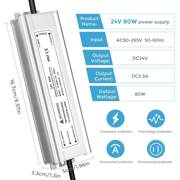 LightingWill 24V 3,33A 80W захранване IP67, външен водоустойчив, AC 240V към DC 24V трансформатор — снимка 4