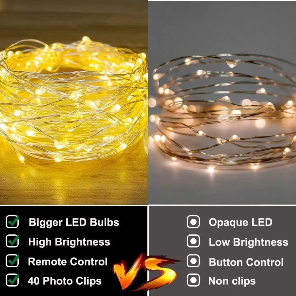 Комплект LED феерични лампички за снимки – 2 х 12 м (120 LED) с 40 щипки, дистанционно и таймер, USB захранване — снимка 3