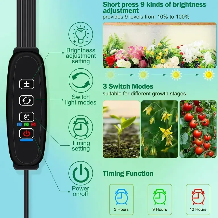 GERYLOVE Grow Light, 540 LEDs Пълен спектър за стайни растения с таймер, 9 вида яркост (4 бр) — снимка 3