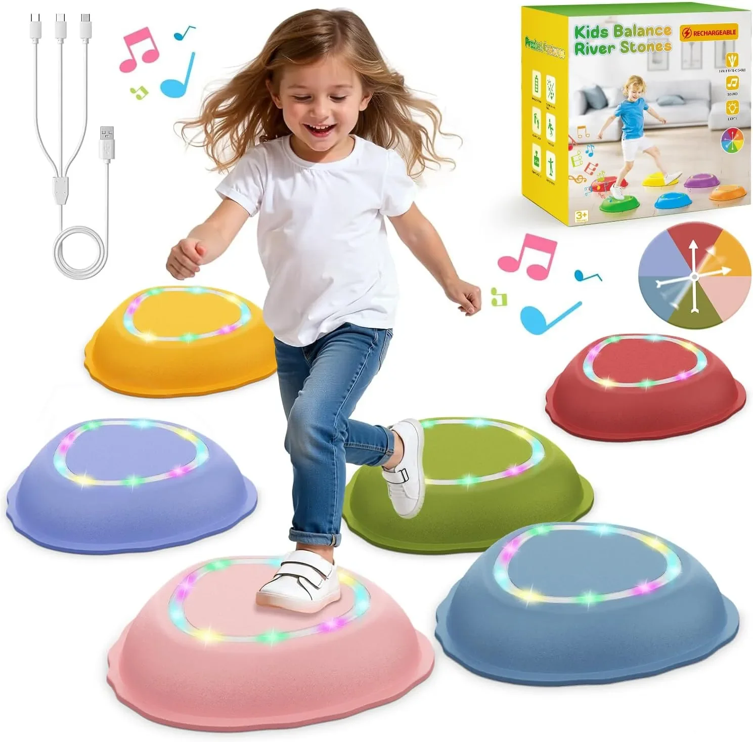 Kids Balance River Stones – сензорни стъпала за баланс с LED светлини, 3+ (неплъзгащи)