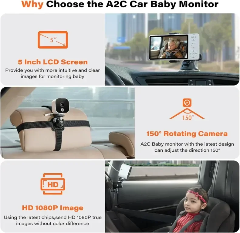 APPS2Car Бебефон 2 в 1, 5'' дисплей 1080p Full HD камера нощно виждане — снимка 7