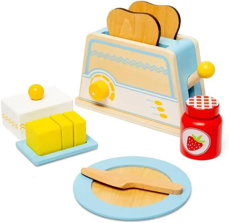 Bigjigs Toys Дървен комплект за закуска, кухненски аксесоари за игра за малки деца 18+ месеца