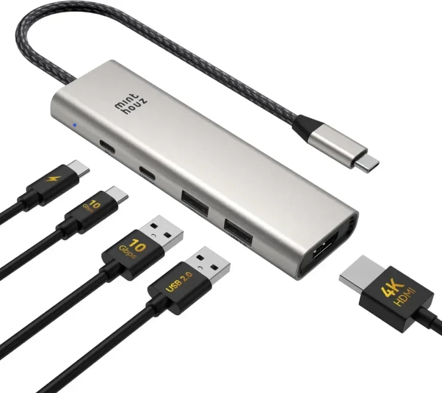 Minthouz USB C хъб, 5 в 1 многопортов адаптер, USB C към HDMI с 4K@60Hz, 140W PD, 2 Type-A&1*Type-С
