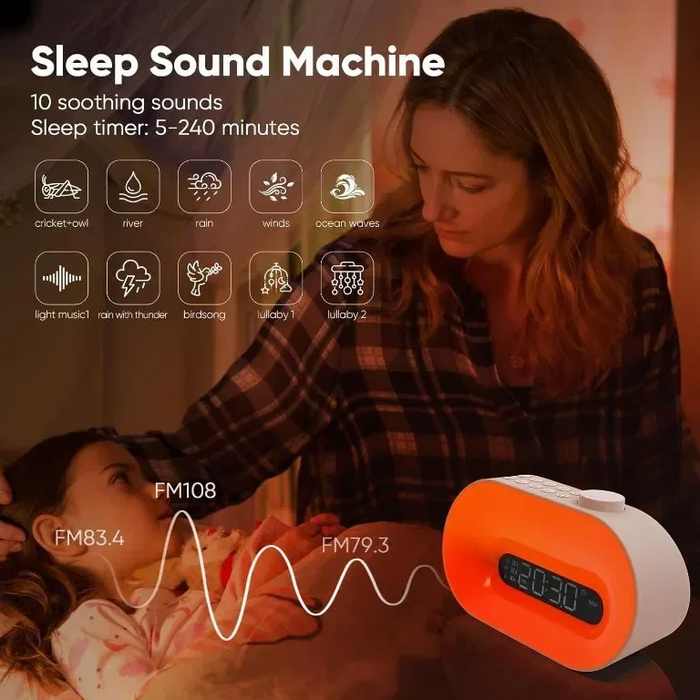 Будилник нощна лампа за събуждане със симулация на изгрев с Bluetooth високоговорител с FM радио — снимка 5