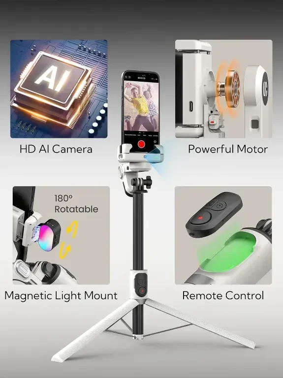 Статив за мобилен телефон AOCHUAN, iPhone/Android, с дистанционно и RGB светлина, M2Pro бял — снимка 5