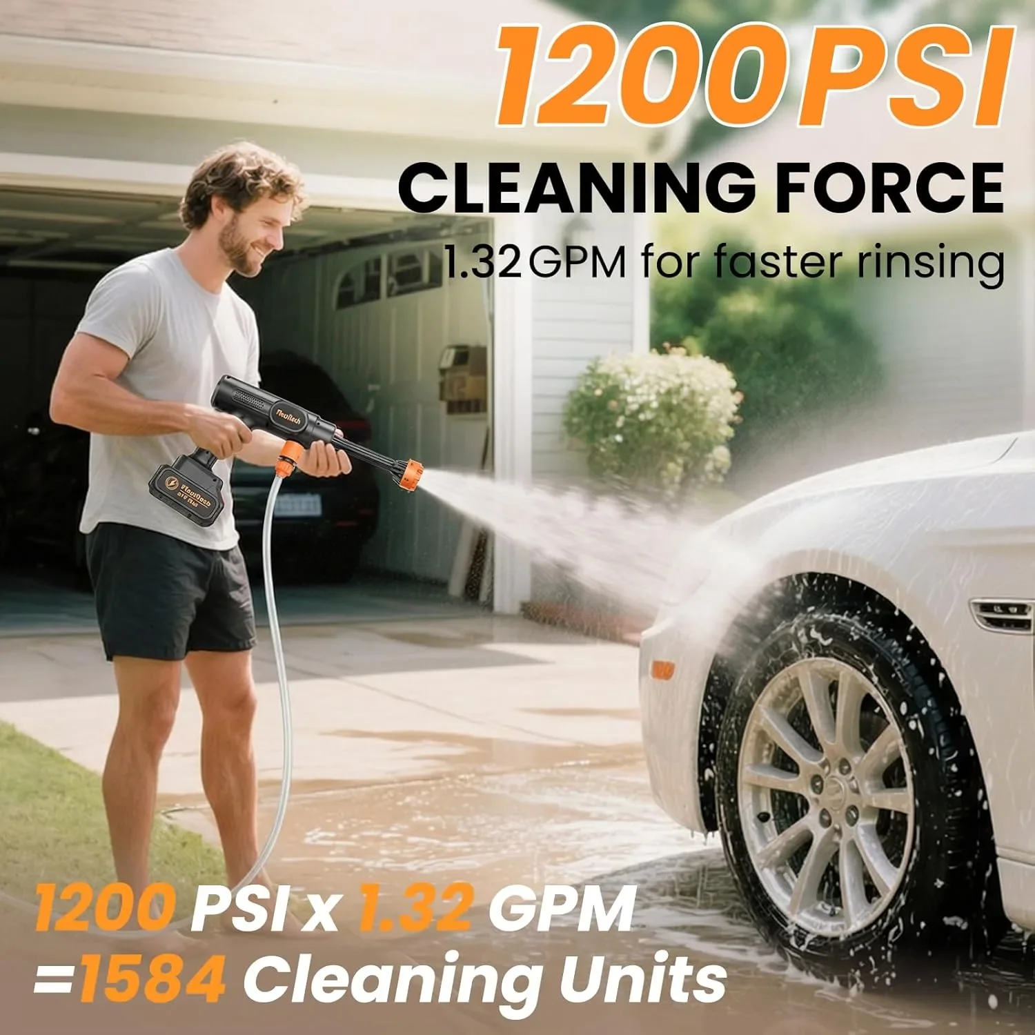 Безжична водоструйка Flouritech 21V Max, 1200 PSI с 2 батерии, маркуч и дюзи за почистване на автомобил, тераса и градина — снимка 3
