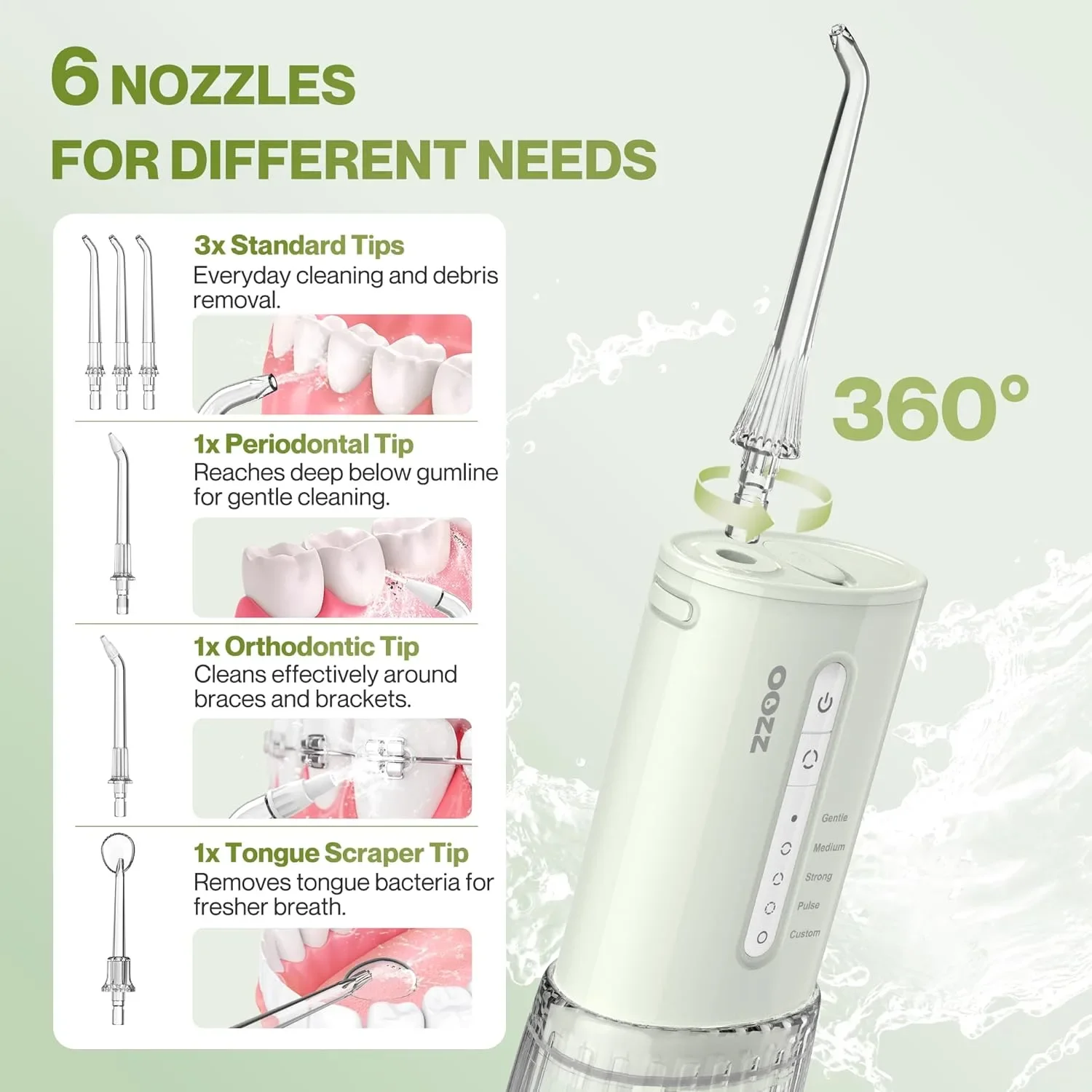 OOZZ Travel Water Flosser — преносим зъбен душ система за зъби с 6 накрайника и IPX8 — снимка 8