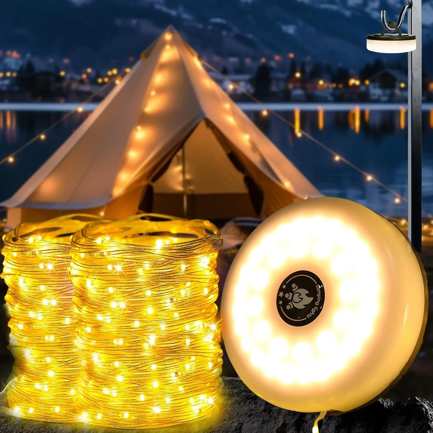 LED къмпинг гирлянд 10 м, 3 в 1: гирлянд/лагерна лампа/фенер, водоустойчиви, 8 режима, топло бяло