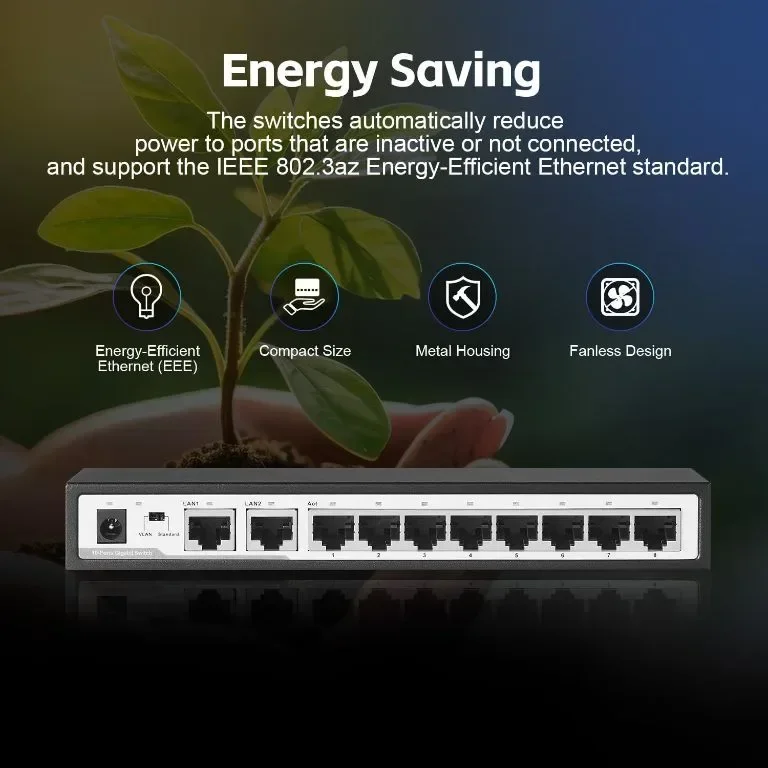 YuLinca 10-портов Gigabit Ethernet комутатор, 8 x 100/1000Mbps порта, 2 Gigabit Uplink, VLAN — снимка 4