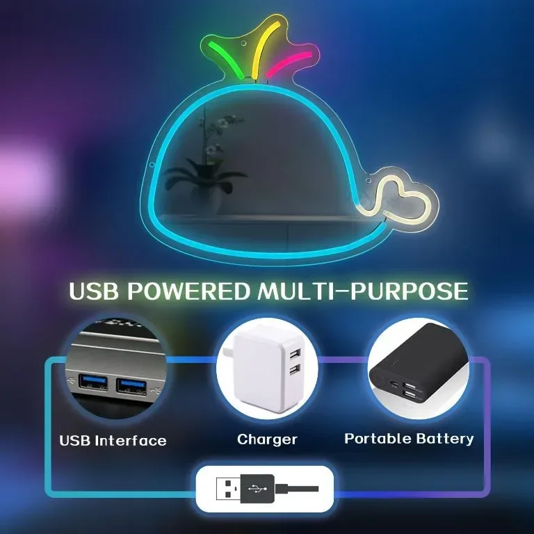 LED неонова табела Blue Whale за стенен декор, захранване от USB с димер — снимка 3