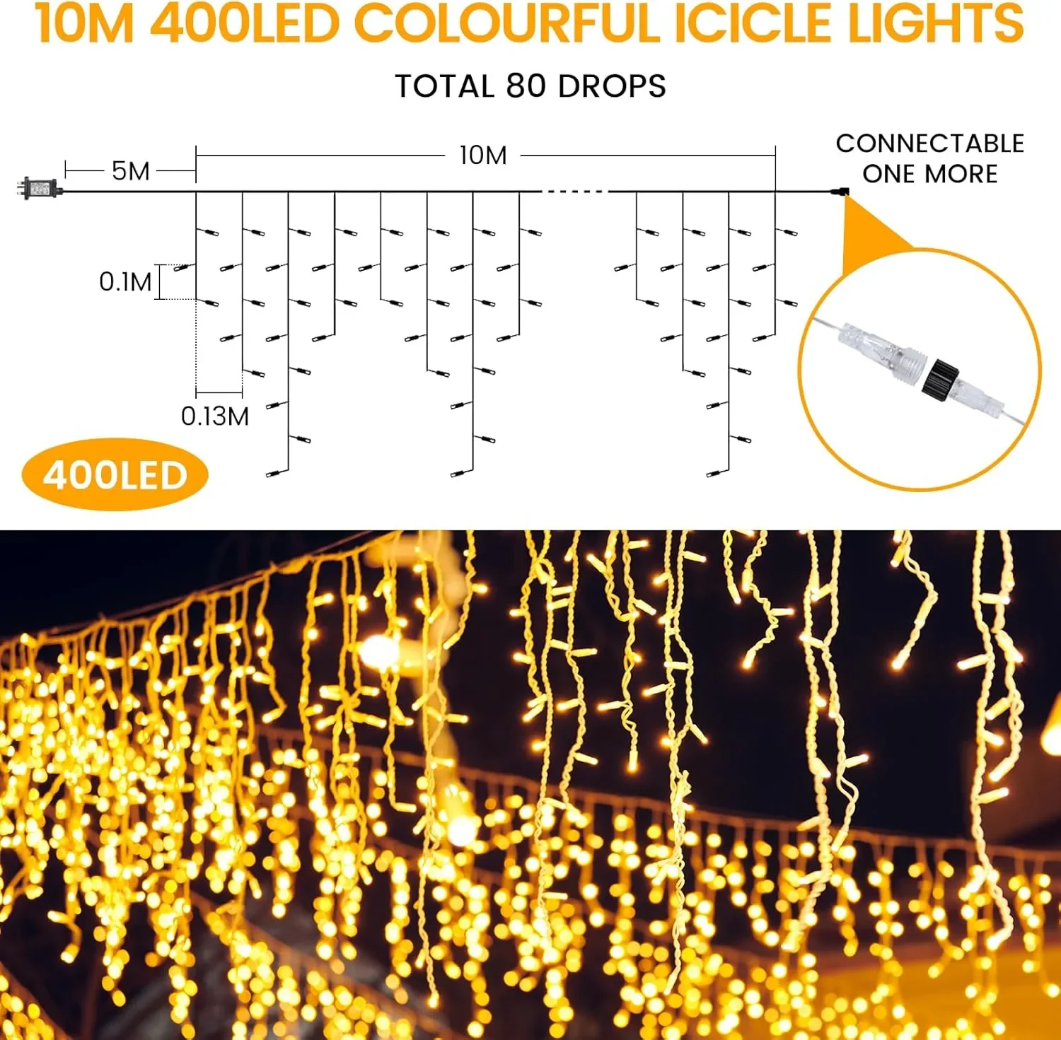 Коледни LED лампички Coanto Icicle за външен монтаж, 10 м, 400 LED, 80 капки, 11 режима + дистанционно — снимка 5