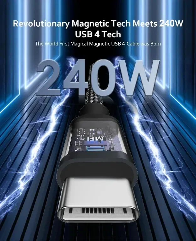 USB 4 кабел 240W, 70 см USB C кабел, поддържащ дисплей 8K@60HZ, 4K@144HZ, 20Gpbs пренос на данни — снимка 3