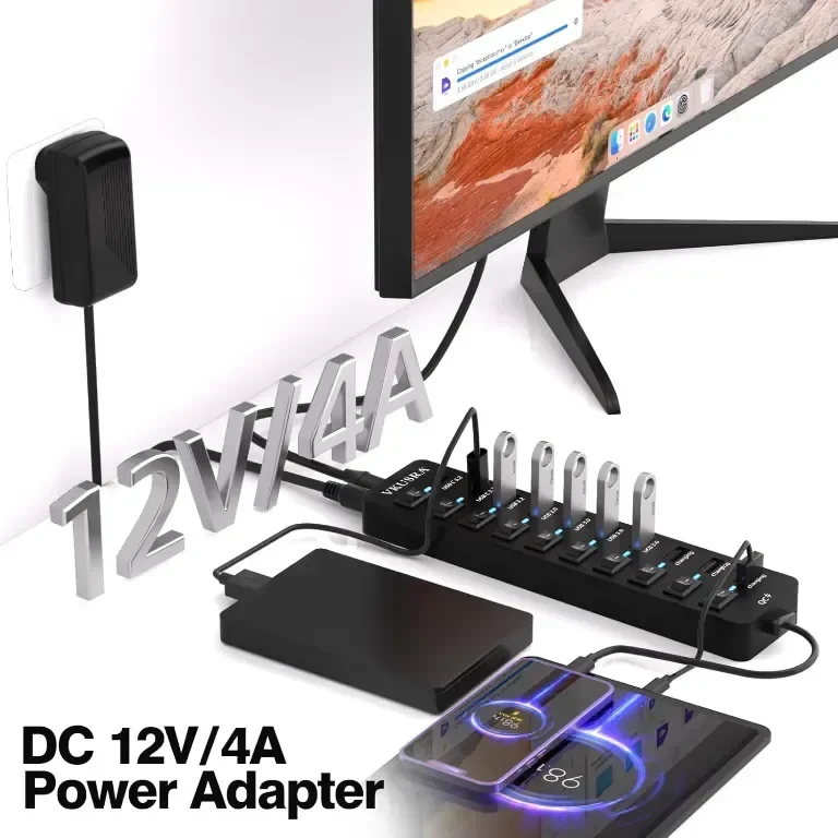Захранван USB хъб, VKUSRA 11-портов USB 3.2/USB C хъб с 10Gbps USB-A и 2 USB C 3.2 порта — снимка 6