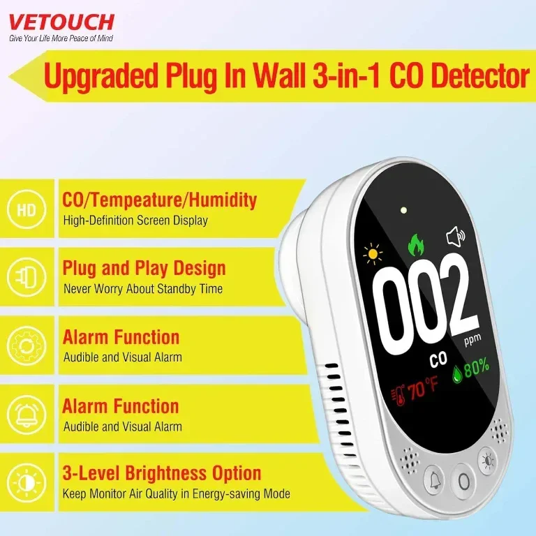 VETOUCH Детектор за въглероден оксид, температура, влажност, аларма, LCD дисплей — снимка 2