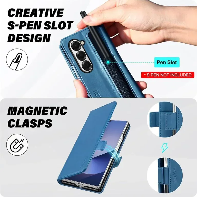 Калъф TUCCH за Galaxy Z Fold 6 (7,6") 5G, PU кожа с държач за писалка S, стойка, езерно синьо — снимка 2