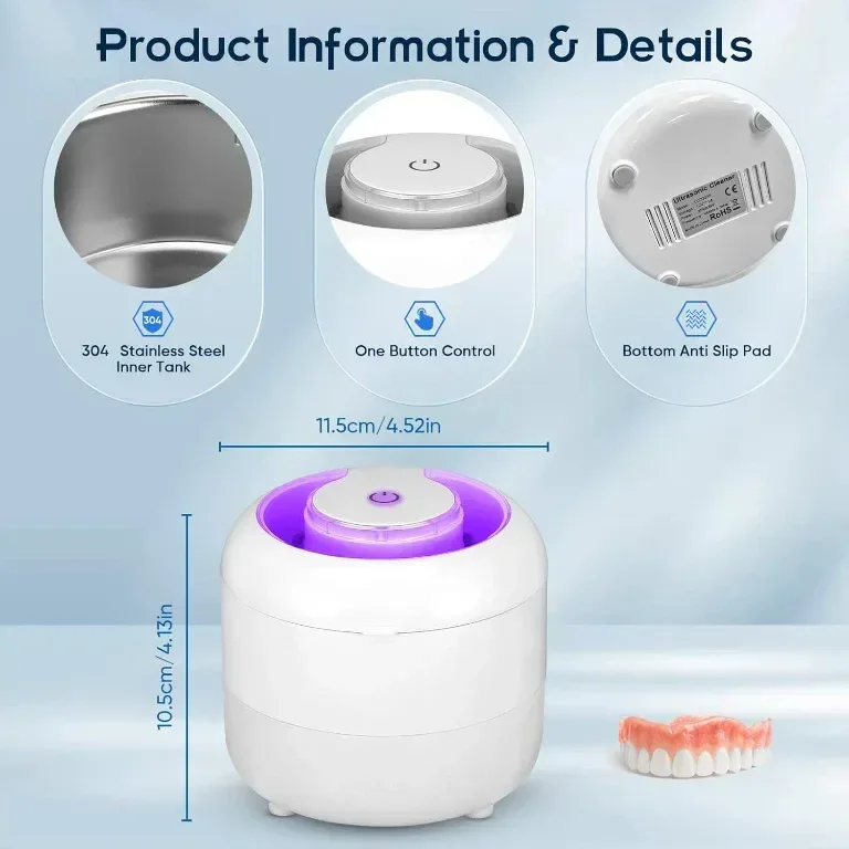 UV ултразвуков почистващ апарат за ретейнери с 4 UV LED, 45kHz машина за почистване — снимка 2