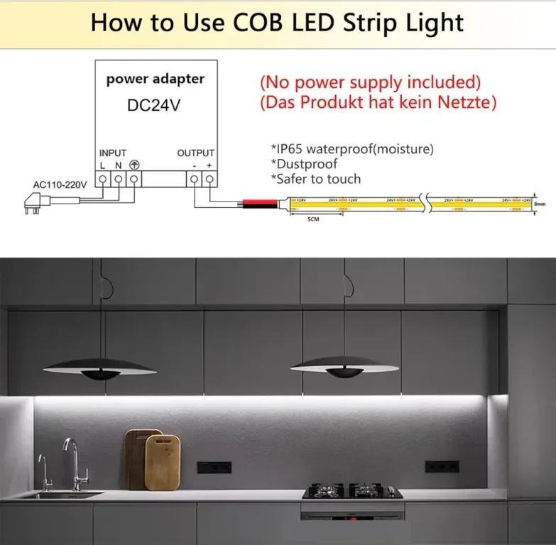 SIRYYUI IP65 COB LED лента 5 метра, 24V, водоустойчива, 480 LED/м, 6000K, 8 мм, без захранване — снимка 4