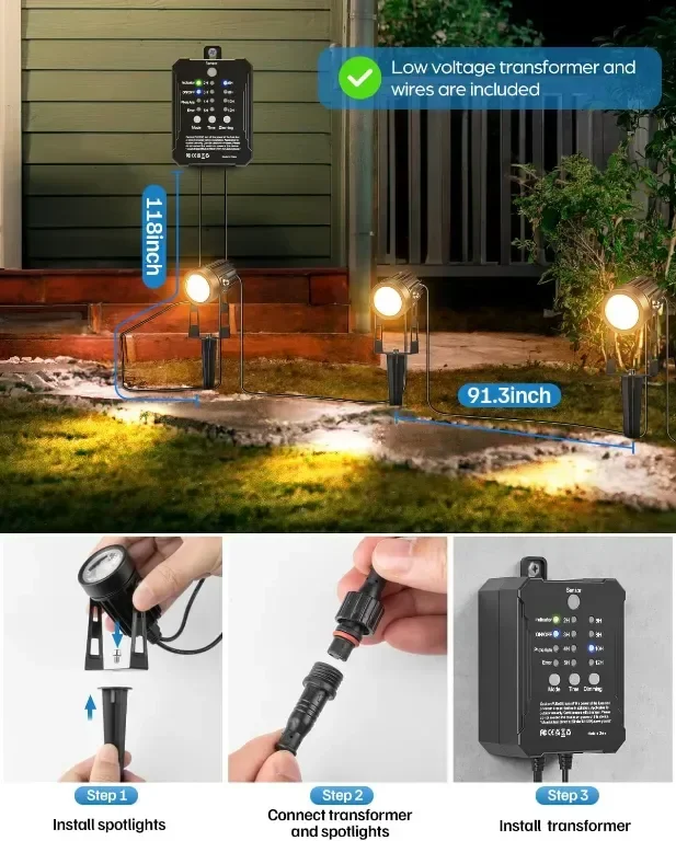 Градински прожектори HIBOITEC Захранвани от електрическата мрежа, 11,4 м 4-в-1 LED, IP65 — снимка 5
