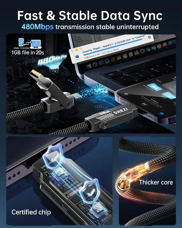 SHEZI 4 в 1 кабел за зареждане/данни с Lightning/Type C/USB A порт, 3 метра — снимка 5