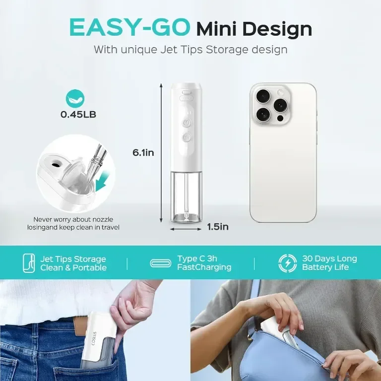 Зъбен душ COSLUS Water Teeth Flosser, Преносим акумулаторен подвижен резервоар за вода — снимка 5