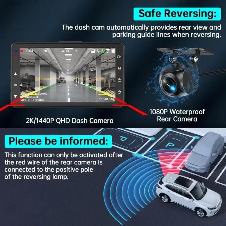 Dash Cam отпред и отзад, 2K, WiFi/БЕЗПЛАТНО ПРИЛОЖЕНИЕ, отпред 170°+140° отзад — снимка 3