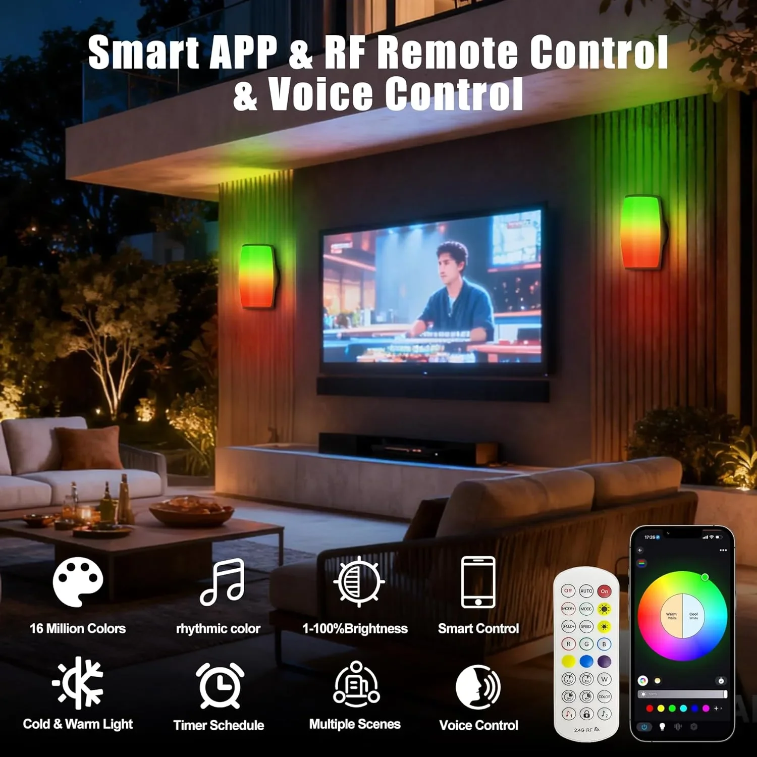 Смарт външни LED аплици/стенни лампи за монтаж (RGB, Wi‑Fi + дистанционно) — снимка 7