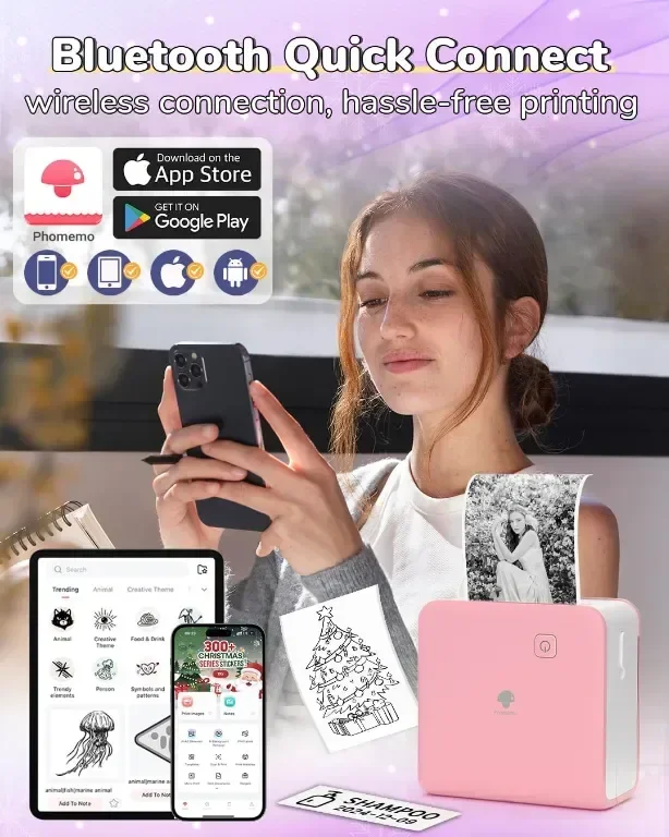Принтер Phomemo P2S, мини термален принтер за смартфон, Bluetooth, 3 ролки хартия — снимка 5