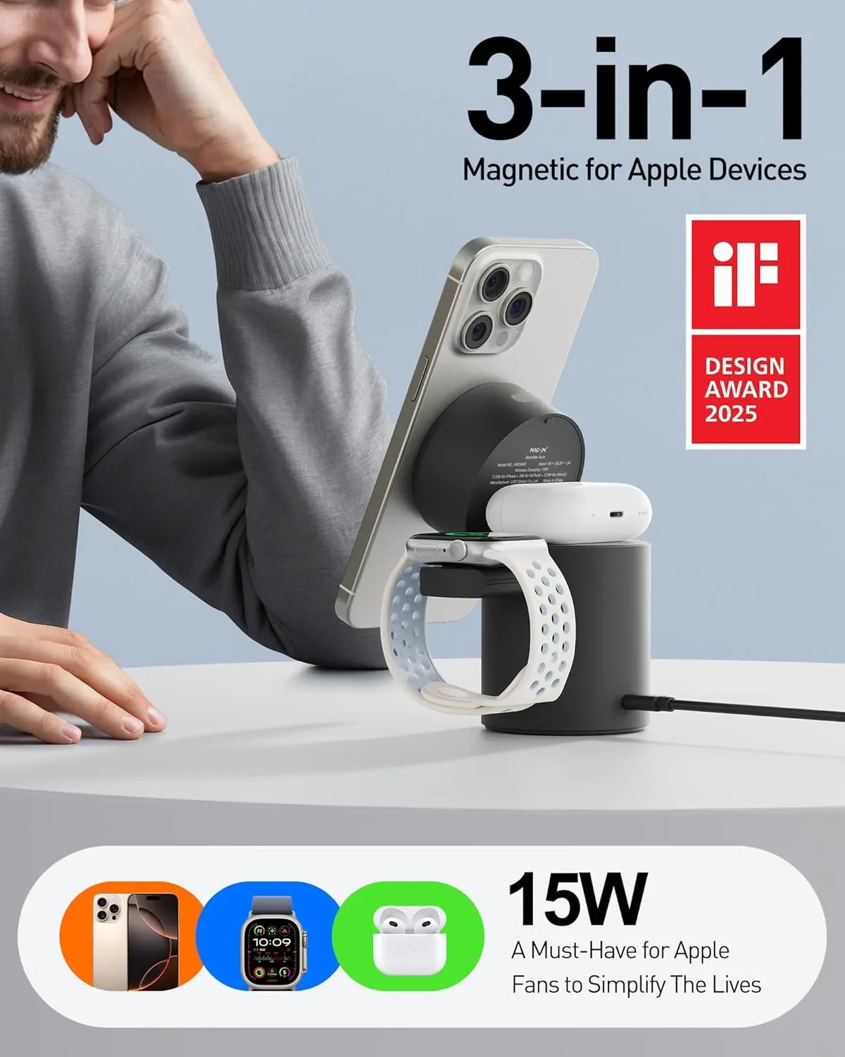 iWALK StandMe Auto 3-в-1 магнитна стойка с безжично зареждане (за iPhone/AirPods/Watch) — снимка 2