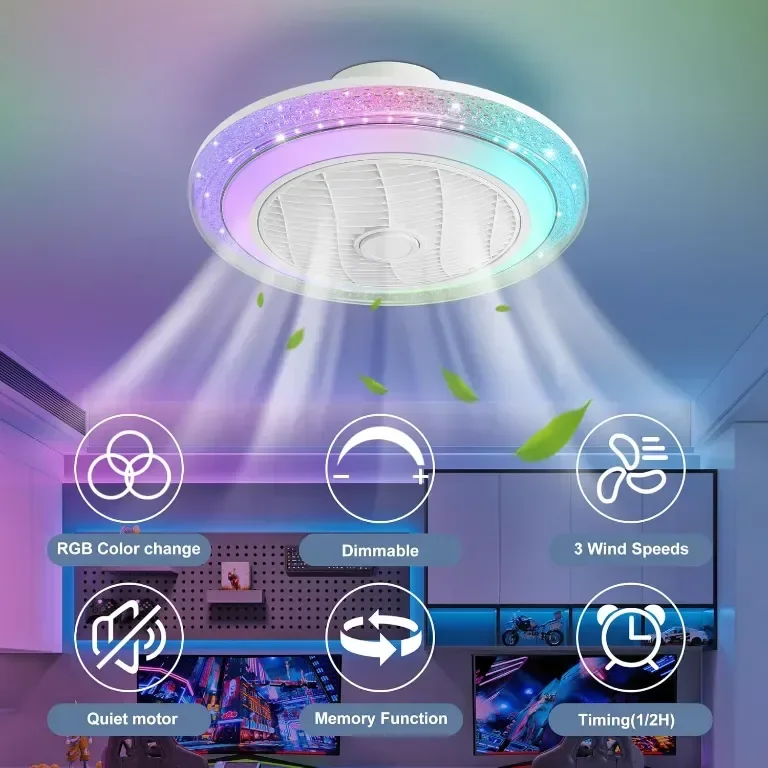Вентилатор за таван със светлини RGB, 50 см модерен LED с дистанционно, 3 скорости, бял — снимка 2