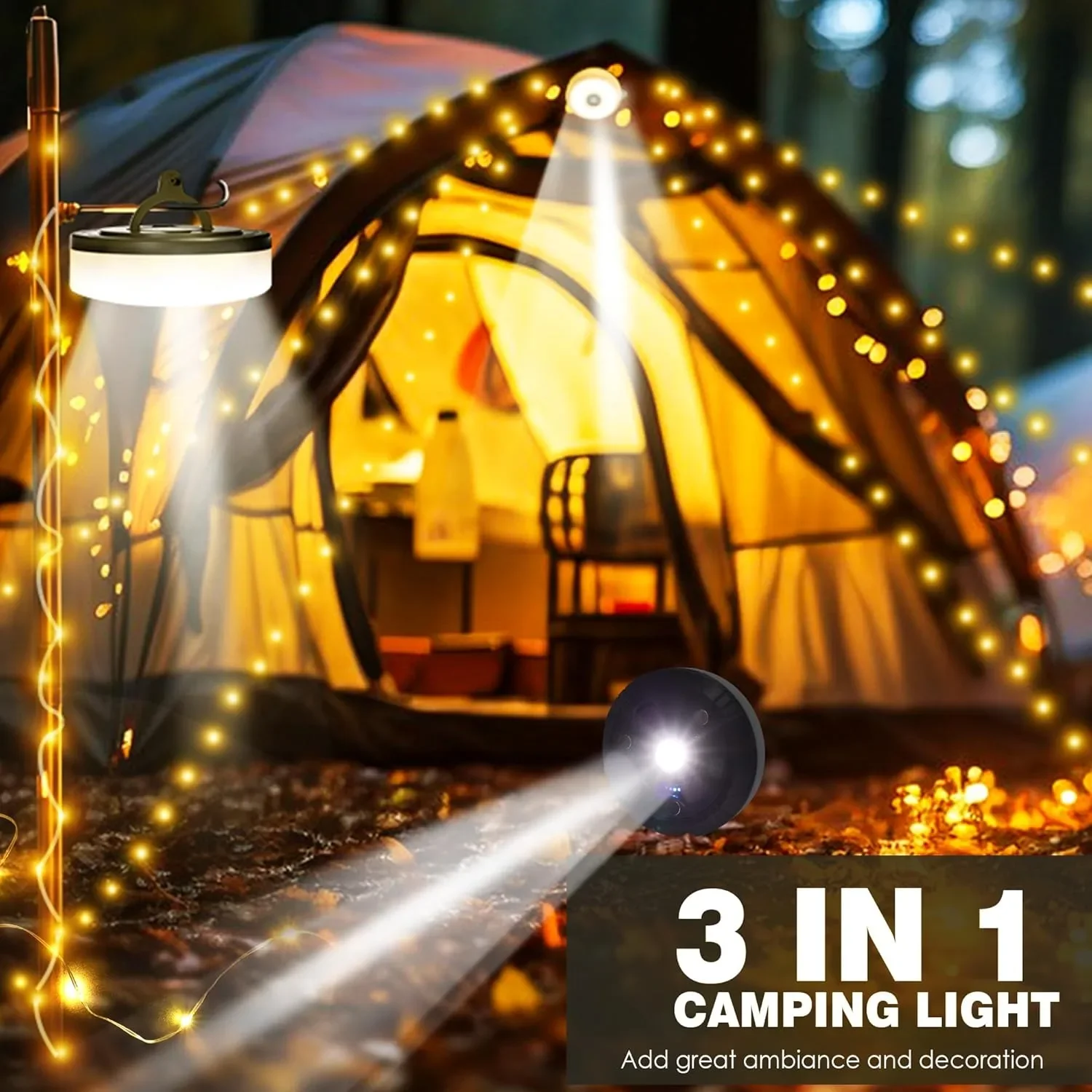 LED къмпинг гирлянд 10 м, 3 в 1: гирлянд/лагерна лампа/фенер, водоустойчиви, 8 режима, топло бяло — снимка 6